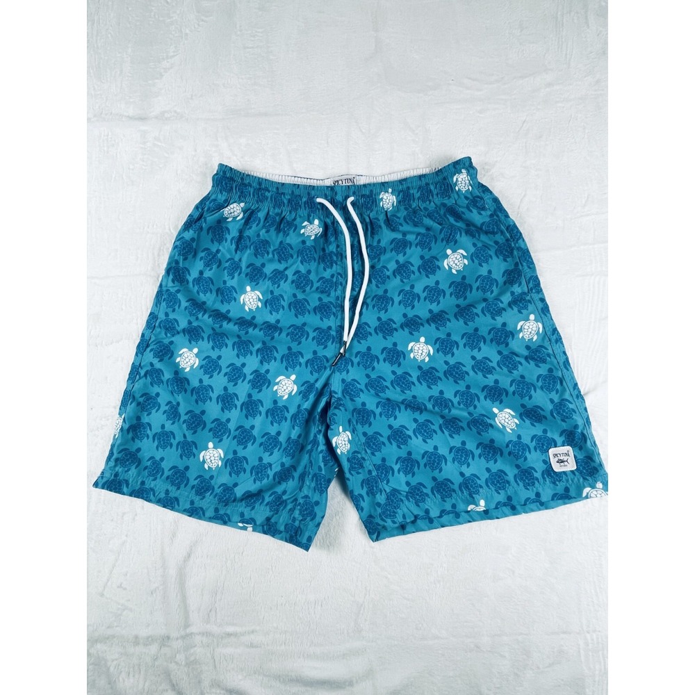 Spicy Tuna Shorts Mens Tagged M Blue White Turtle Pattern Pocket Swim Drawstring